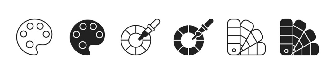 Palette icon set. Tone, pipette, palette, paint symbol. Black and linear icons. Vector EPS 10
