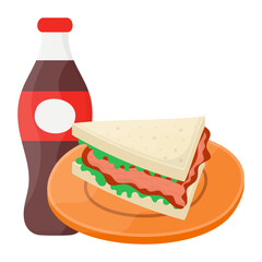 Beef and Bacon Club Sandwich with soda concept, bologna sandwich vector icon design, Fast Food symbol, Junk food sign, popular inexpensive good taste snacks stock illustration 