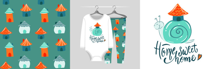 Seamless pattern and illustration for kid with snail with cozy house, Home sweet home. Cute design pajamas on hanger. Baby background for clothes, decor, fashion t-shirt print, invitation, wrapping