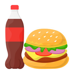 mushroom salsa sauce burger with soft drink concept, Wild salmon sandwich vector icon design, Fast Food symbol, Junk food sign, popular inexpensive good taste snacks stock illustration 