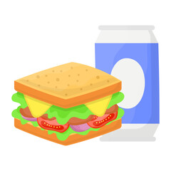 Steak cocktail layered sandwich with soft drink can concept, load bread for breakfast vector icon design, Fast Food symbol, Junk food sign, popular inexpensive good taste snacks stock illustration 