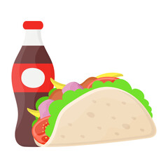 freshly baked taco with drink concept, Mexican street food antojitos vector icon design, Fast Food symbol, Junk food sign, popular inexpensive good taste snacks stock illustration 