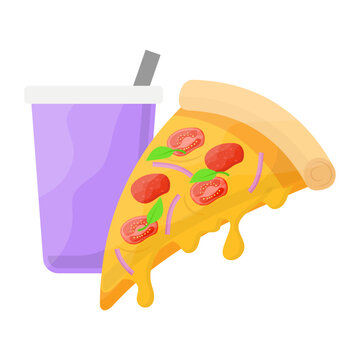 Pizza Slice with Melting Cheese concept,  hot and freshly baked pizzeria piece vector icon design, Fast Food symbol, Junk food sign, popular inexpensive good taste snacks stock illustration 