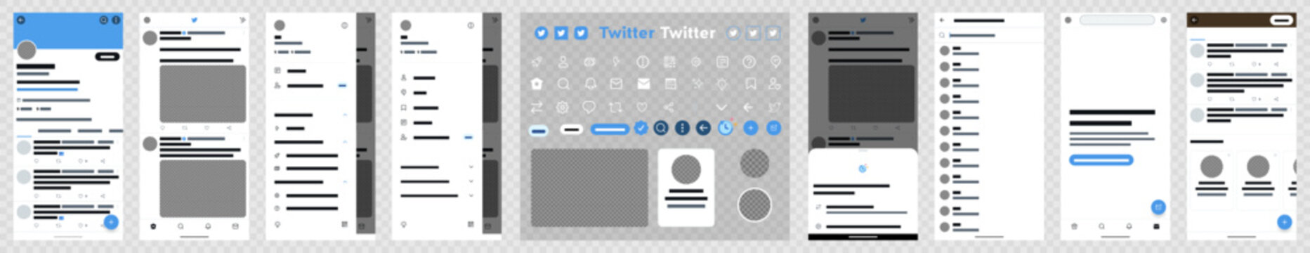 Set Twitter screen social media and social network interface template. Twitter mockup. Editorial vector.