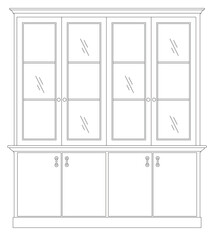 2D graphic image of the front view of a wardrobe or cupboard made of wood. CAD drawing in black and white.
