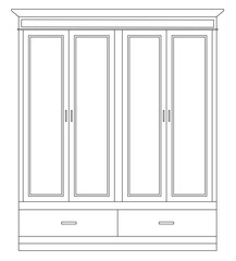 2D graphic image of the front view of a wardrobe or cupboard made of wood. CAD drawing in black and white.
