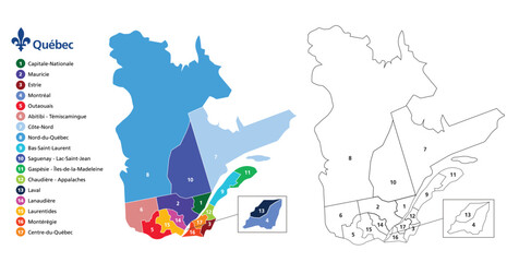Province of Quebec map with counties borders administrative area color and outline