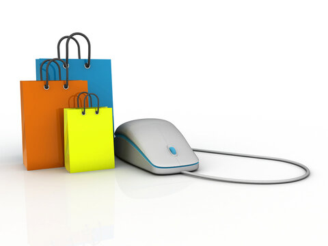 3d rendering colorful shopping bags connected mouse