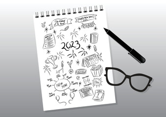 Happy new year 2023 illustration, resolutions doodles in notebook, glasses and pen