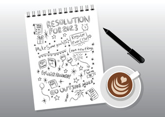 Happy new year 2023 illustration, resolutions doodles in notebook, coffee and pen