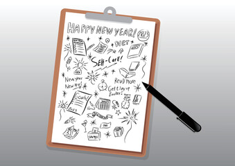 Happy new year 2023 illustration, resolutions doodles in portable writing board, clipboard and pen