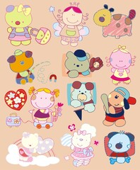 Obraz premium fairy, bear, dog, puppy, set of drawings of animals for children's and baby making, art for making, drawings of animals, colorful animals,