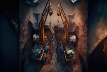 Two excavators are seen in a high angle on a construction site. Generative AI