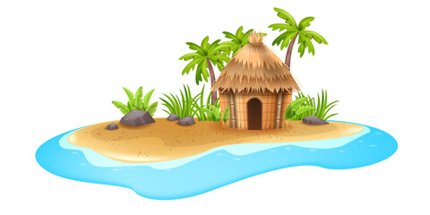 Tropical island vector illustration, stranded Caribbean beach hut, sand sea shore, palm trees, stone. Comic landscape view, lost ocean land summer vacation paradise concept. Cartoon tropical island