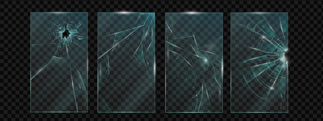 Cracked glass, vector scratched phone screen, smartphone broken pane shattered texture effect. Protector concept, realistic transparent crushed plexiglass design. Cracked glass, frame set hole, splits