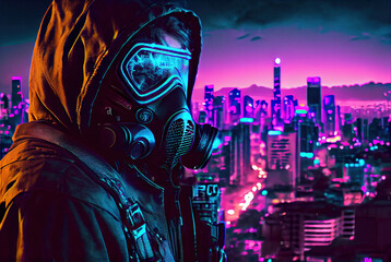 Fashion cyberpunk man in leather hoodie jacket wears gas mask with protective glasses, filters. Colorful 3d render, glowing green wires on night light bokeh in city,generative ai