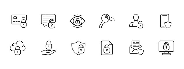 Lock icon set. Shield, antivirus, key, password, protected view, password-protected file, data protection, mail protection. Security concept. Vector line icon on white background
