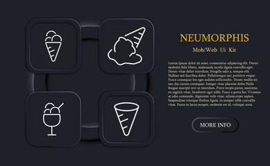 Ice cream cone icon set. Sweets for children, low fat, chocolate icing, dairy products. Food concept. Neomorphism style. Vector line icon for Business