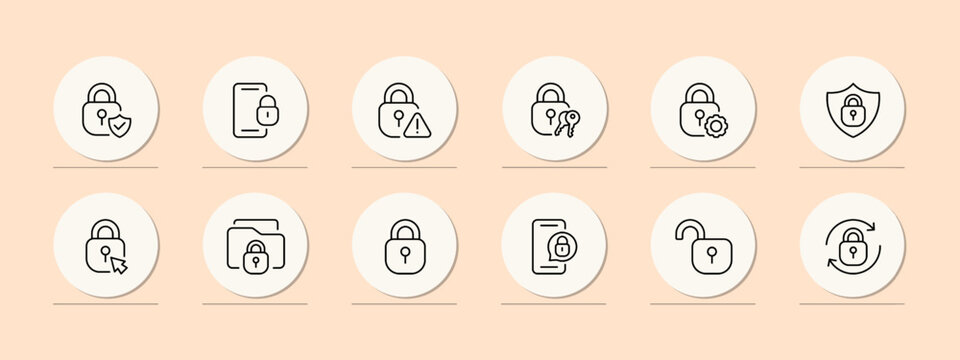 Lock for personal data icon set. Unlock, cursor, security system, gear, shield, password, warning sign, key, sync, phone. Privacy concept. Pastel color background. Vector line icon for business