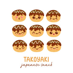 Takoyaki balls or Octopus balls cartoon character asian food vector illustration. Cute famous Japanese snack