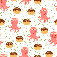 Cute red asian octopus and Takoyaki balls asian food vector seamless pattern. Japanese snack texture.