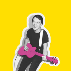 Modern art collage of stylish emotional young man singing and playing guitar, hand drawn. Black and white image, isolated yellow background. 