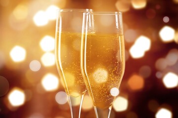 Two glasses of champagne with glitter lights bokeh background