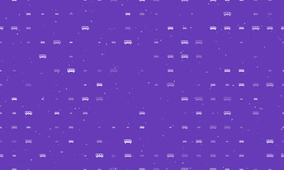 Seamless background pattern of evenly spaced white bus symbols of different sizes and opacity. Vector illustration on deep purple background with stars