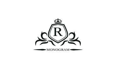Luxury logo template with calligraphic elegant initial R. Emblem logo for restaurants, hotels, bars and boutiques.