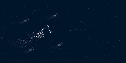 A excavator symbol filled with dots flies through the stars leaving a trail behind. Four small symbols around. Empty space for text on the right. Vector illustration on dark blue background with stars