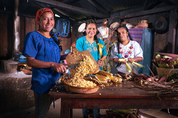 Retrato de Mujeres Xincas pelando y cortando elotes frescos para cocinar  en una cocina antigua con...