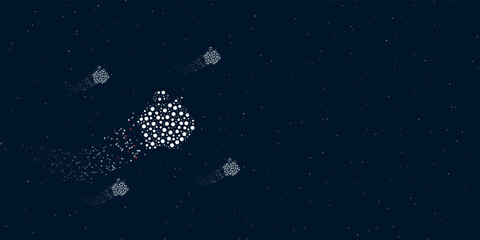 Fototapeta na wymiar A piggy bank symbol filled with dots flies through the stars leaving a trail behind. There are four small symbols around. Vector illustration on dark blue background with stars