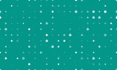 Seamless background pattern of evenly spaced white piggy bank symbols of different sizes and opacity. Vector illustration on teal background with stars