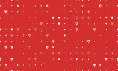 Seamless background pattern of evenly spaced white fire protection symbols of different sizes and opacity. Vector illustration on red background with stars