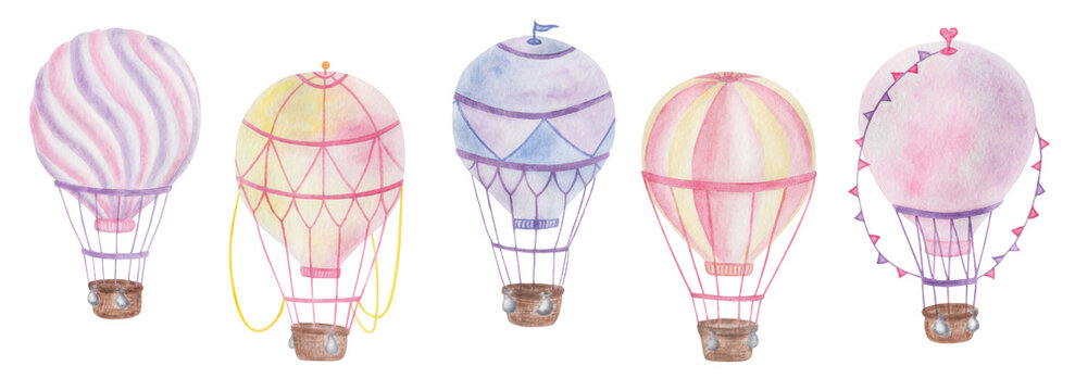 Watercolor illustration. Hand painted hot air balloons in purple, blue, pink, yellow colors with basket, ropes, bags, flags. Flying in the air transport. Isolated clip art for prints, posters, banners