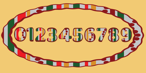 Obraz premium Digits colorfull from 0 to 9 on a gold (yellow) background vector. happy birthday party, new year. red and green geometric parallel strokes, gift paper vector