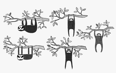 Set of cute sloth with black background