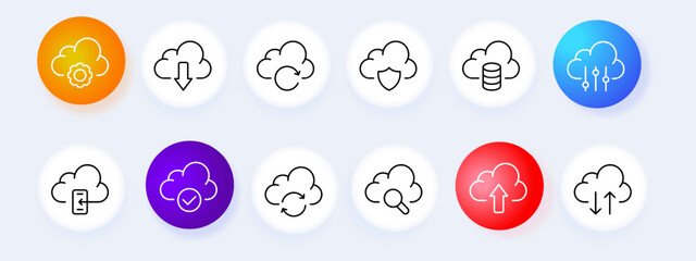 Cloud saving icon set. Rain, thunderstorm, sky, clouds, sun, thunder, hail, lightning, overcast, forecast, weather, cloudiness. Weather concept. Neomorphism style. Vector line icon for Business