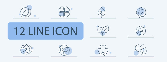 Leaves icon set. Leaf, cannabis, marijuana, hemp, crop, weed, herbal medicine, vegetarian, eco friendly. Nature concept. . Pastel color background. Vector 12 line icon for business