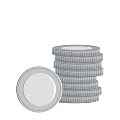 Stack of silver coins, one coin face, obverse, flat vector, isolated on white