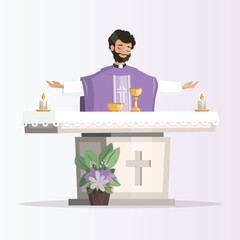 Priest behind the altar with purple chasuble celebrating the eucharist - 553510380