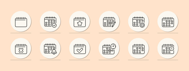 Calendar icon set. Schedule, schedule note, number sheet, time, new year, draft journal, weekly, diary, note. Holiday concept. Pastel color background. Vector line icon for business