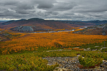 Russia. Far East, Magadan region. Panoramic view of the valley of the Big Kupka River (a tributary of the Kolyma River) from the top of the mountain pass.