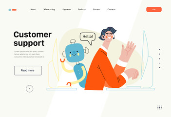 Customer support -Online shopping and electronic commerce series -modern flat vector concept illustration of an operator and bot greeting a client. Promotion, discounts, sale and online orders concept