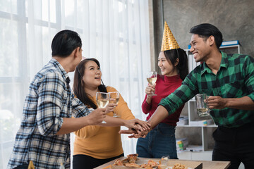 Celebrate to business success with colleagues. Business celebration party with co-worker partner in business marketing team, winner successful startup together.