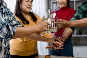 Celebrate to business success with colleagues. Business celebration party with co-worker partner in business marketing team, winner successful startup together.