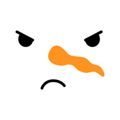 Angry snowman face on white background. Disgruntled snowman. Flat cartoon character. Christmas decoration. Vector illustration.