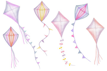 Watercolor illustration. Hand painted kites in purple, blue, pink, yellow colors with ropes and flags. Flying in the air hang-glider toys. Isolated clip art for prints, travel posters, tourism banners