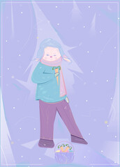 Vector hare, rabbit in a winter forest and holding a carrot. Nearby the rabbit there is a basket with two carrots and some New Year balls. Can be used as a greeting card for New Year or Christmas.