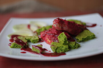 restaurant dish for the holidays, salad with poached egg	
